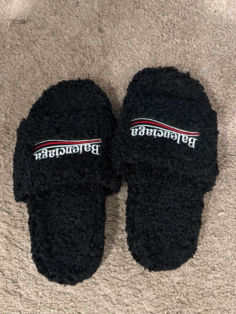 Balenciaga Black Sherpa Logo Slide Slippers with Red & White Accent